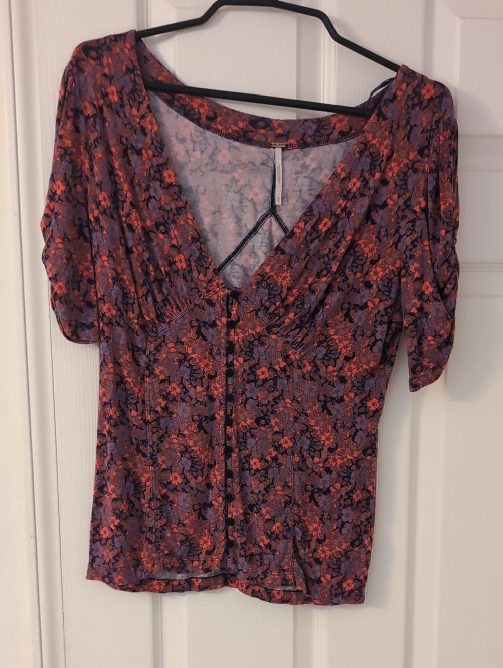 Free People Purple Floral V-Neck Top with Red Accents
